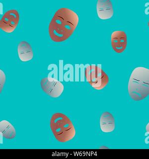 Nahtlose Muster theatralischen Maske mit Weinen und glückliches Gefühl. Vector Illustration. Bronze und Silber Masken mit Steigung auf blauem Hintergrund. Stock Vektor