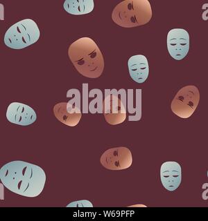 Nahtlose Muster theatralischen Maske mit Apathie und grinsen Emotion. Vector Illustration. Bronze und Silber Masken mit Steigung auf braunem Hintergrund. Stock Vektor