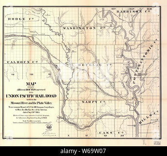 0428 Railroad Maps Karte, in der die verschiedenen Routen für die Union Pacific Rail Road zwischen der Missouri River und die Platte Senke Wiederaufbau und Instandsetzung befragten Stockfoto