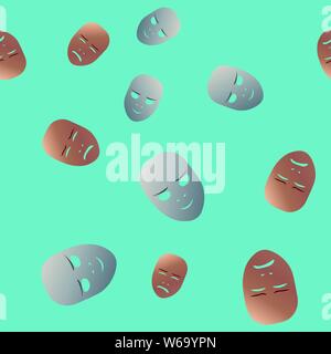 Nahtlose Muster theatralischen Maske mit schmerzhaften und grinsen Emotion. Vector Illustration. Bronze und Silber Masken mit Steigung auf Türkisfarbenem Hintergrund. Stock Vektor