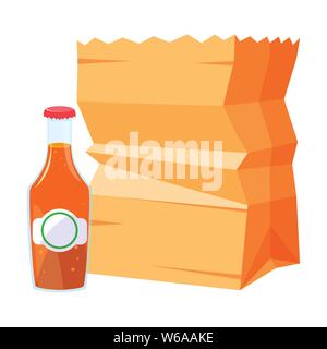 Lebensmittelgeschäft Papiertüte und Flasche Saft Vector Illustration Stock Vektor