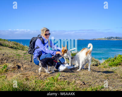 Glücklich gesund blonde Frau, 40 plus Alter in wanderkleidung Lachen und Spielen mit drei niedlichen Hunde Standortwahl auf Gras in der Nähe von Meer auf der sonnigen Tag Stockfoto