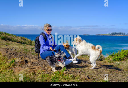 Glücklich gesund blonde Frau, 40 plus Alter in wanderkleidung Lachen und Spielen mit drei niedlichen Hunde Standortwahl auf Gras in der Nähe von Meer auf der sonnigen Tag Stockfoto