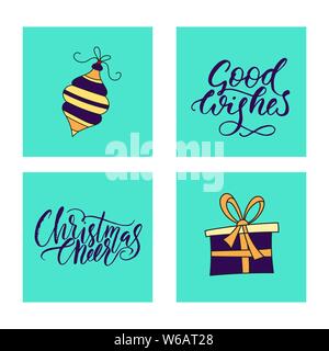 Vektor Weihnachtskarte mit Weihnachtsbaum Spielzeug, Geschenkbox und hand Schrift Anführungszeichen gesetzt. Stock Vektor