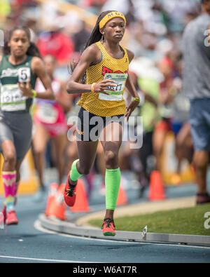 Greensboro, North Carolina, USA. Juli 31, 2019. Cha'iel Johnson von Miami Gardens Xpress konkurriert in der Mädchen 800 Meter laufen 14 Jahre finale während der 2019 AAU Junior Olympic Games bei BB&T Stadium in Greensboro, North Carolina. Prentice C. James/CSM/Alamy leben Nachrichten Stockfoto