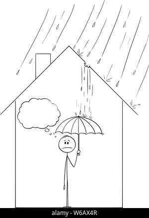 Vektor cartoon Strichmännchen Zeichnen konzeptionelle Darstellung der frustrierten Mann mit Regenschirm innerhalb seiner Familie Haus, weil Regen durch das Loch im Dach kommt. Stock Vektor