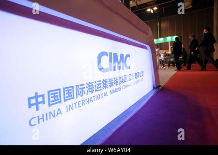 ---- Blick auf den Stand der CIMC (China International Marine Containers (Group) Co., Ltd.) während einer Ausstellung in Shanghai, China, 2. April 2014. Stockfoto