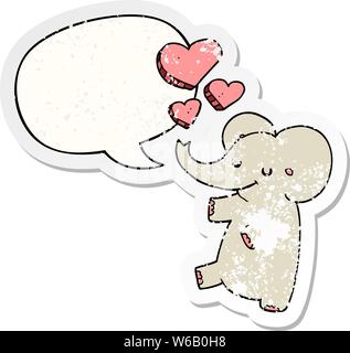 Cartoon Elefant mit Liebe Herzen mit Sprechblase distressed Distressed alte Aufkleber Stock Vektor