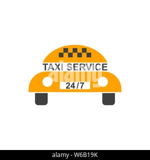 Logo des Kunden als Taxi in komischen Stil. Ein Abzeichen in der Form des Wagens mit den Informationen Platte 247. Eine Vorlage für einen Vektor illus Stock Vektor