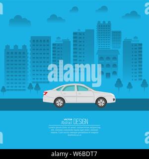 Der Passagier Automobil vor dem Hintergrund der Stadt. Das Fahrzeug bewegt sich auf der Stadtautobahn. Ein Vektor Illustration im flachen Stil mit der Ort Stock Vektor