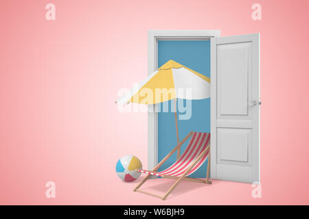 3D-Rendering von chaiselongue mit beach ball Neben unter großen Regenschirm, alle stehen in Weiß Tür auf Rosa copyspace Hintergrund. Stockfoto