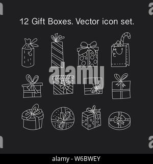 Einfache Gliederung Vektor dünne Linie Symbole. Geschenkboxen mit Bändern in verschiedenen Formen. Weihnachten Symbole. Stock Vektor