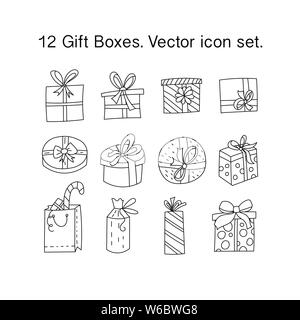 Einfache Gliederung Vektor dünne Linie Symbole. Geschenkboxen mit Bändern in verschiedenen Formen. Weihnachten Symbole. Stock Vektor