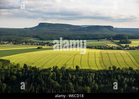 Luftaufnahme auf die Felsformation Zschirnsteine und landwirtschaftliche Landschaft in der Sächsischen Schweiz Stockfoto