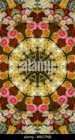 Vertikalen frame Design Pattern aus Rosa Gelb Weiß Orange Rosen bei der Hochzeit gemacht Stockfoto