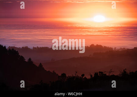 Bunten Sonnenuntergang in den Santa Cruz Mountains, geschichteten Hügel und Täler im Vordergrund und Meer der Wolken sichtbar im Hintergrund; San Fran Stockfoto