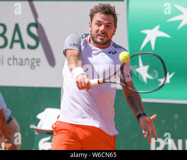 Swiss tennis player Stan Wawrinka spielt Rückhand geschossen im French Open 2019 Tennis Turnier, Paris, Frankreich Stockfoto