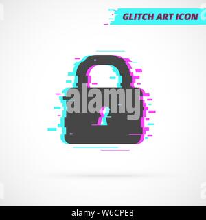 Moderne Wohnung Glitch Kunst Vorhängeschloss Zeichen und Symbol Sperre Schützen auf weißem Hintergrund. Vektor Glow Symbol Sicherheit. Stock Vektor