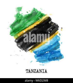 Tansania Fahne Aquarell Malerei Design. Land Karte gestalten. Vektor. Stock Vektor