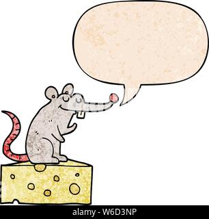 Cartoon Maus Auf Käse mit Sprechblase im Retro Stil Textur Stock Vektor