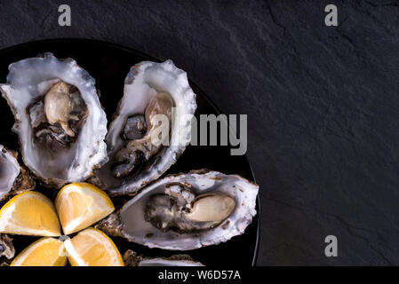 Austern Platte mit Zitrone auf rosa Hintergrund.Frische Austern Nahansicht oben. Gesundes Meeresessen.Oyster Dinner mit Champagner im Restaurant.Gourmet Essen Stockfoto