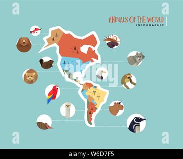 Amerika Karte Infografik mit wilden Tieren aus Süd- und Nordamerika. Vielfältige Tierwelt Symbole beinhaltet Bär, Affe, Vogel, Wolf, exotische Fauna te Stock Vektor