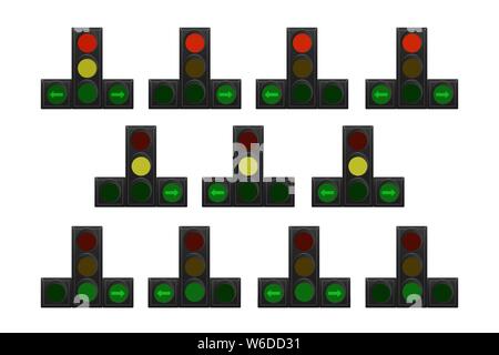 Ampel. Rot, Gelb und Grün. Pfeil rechts und links. Vector Illustration. Stock Vektor