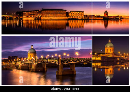 Collage aus Fotos mit Saint Pierre Brücke und Saint Joseph Kapelle bei Sonnenuntergang. Erstaunlich Reflexion in den Fluss Garonne. Stockfoto