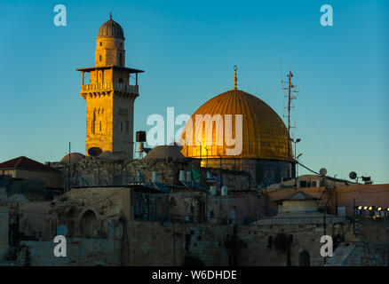 Jerusalem, heilige Orte Panoramablick auf den Tempelberg, Felsendom und Al Aqsa Moschee vom Ölberg Stockfoto