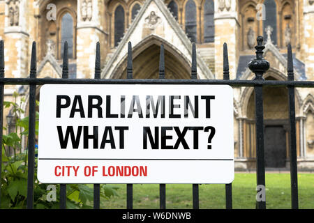 Zeichen im Stil eines Londoner Street Sign fordern das Parlament, was nun? Schwarz Weiß und Rot Banner gegen schmiedeeiserne Geländer, mit Westminster Abb Stockfoto