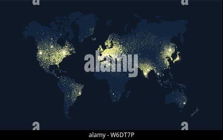 Welt Karte Abbildung, Erde Lichter in der Nacht. Weltweit Sat-Blick auf die nächtlichen Lichter oder glitzereffekt Konzept. Stock Vektor