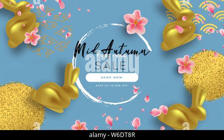 Mid Autumn Festival verkauf Vorlage für Online Business Promotion oder Internet Store anbieten. Gold 3d-Kaninchen und rosa Blüten mit traditionellen chinesischen Deco Stock Vektor