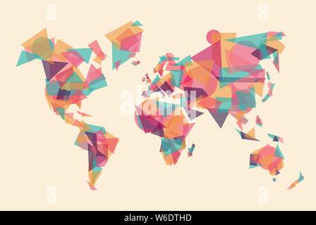 Abstrakte Welt Karte Abbildung von bunten transparenten geometrischen Formen. Erde mit Dreiecken und Kreisen auf isolierten Hintergrund. Stock Vektor