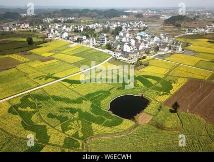 Luftaufnahme von Cole Blumen Formen ' zwei Drachen Scherzen mit einem pearla' in einem Feld in der Grafschaft Xiuning, Beijing, der ostchinesischen Provinz Anhui, Stockfoto