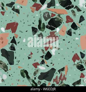 Bunte terrazzo Bodenbelag nahtlose Muster mit realistischen Farben Steine und Felsen auf blauem Hintergrund. Traditionelle Stein material Kachel Abbildung. Stock Vektor