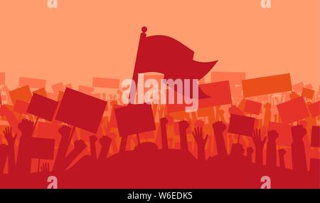 Silhouette von anfeuern oder Riot protestierende Menge mit Fahnen und Banner. Protest, Revolution, Demonstranten oder Konflikt. Vector Illustration Stock Vektor