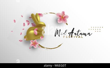Mid Autumn Festival Grußkarte Abbildung: Gold 3d-Kaninchen Spielzeug und realistische Pink Plum Blumen auf weißem Hintergrund mit Hand gezeichnet Bürste Kreis. Stock Vektor