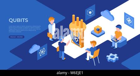 Künstliche Quantum Computing und qubits Technologie isometrische 3D-Symbole Infografiken mit Menschen, digitale Vektor advert Infografiken Stock Vektor