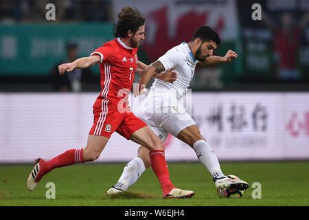 Luis Suarez, rechts, von Uruguay nationale Fußballmannschaft kickt den Ball einen Pass gegen Joe Allen von Wales National Football Team in ihrer endgültigen m zu machen Stockfoto