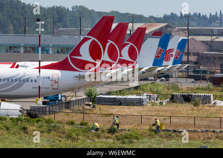 Zeilen der nicht gelieferten 737 MAX Flugzeuge am Boeing Werk 2 Werk am 30. Juli 2019. Stockfoto
