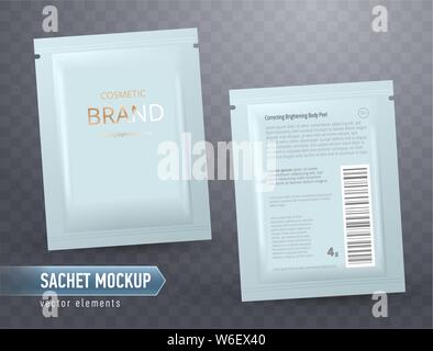 Vector realistische blank Paket, Einweg-Folie Beutel für Gesichtsmaske oder Shampoo, isoliert auf transparentem Hintergrund. Kosmetisches Produkt für die Gesichtspflege Stock Vektor
