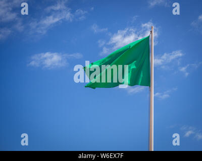 Grüne Flagge isoliert Winken am Himmel Stockfoto