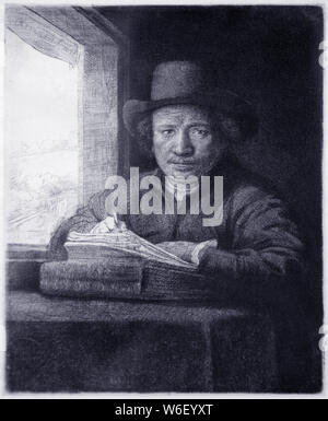 Selbstportrait am Fenster 1648 Radierung von Rembrandt Harmenszoon van Rijn vom 15. Juli 1606 - vom 4. Oktober 1669 niederländische Maler, Grafiker und Zeichner. Stockfoto