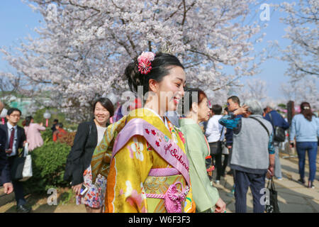 Japans 27 Cherry Blossom Queen abgebildet ist während der Cherry Blossom Festival in der Turtle Head Park in Wuxi City, der ostchinesischen Provinz Jiangsu, Stockfoto