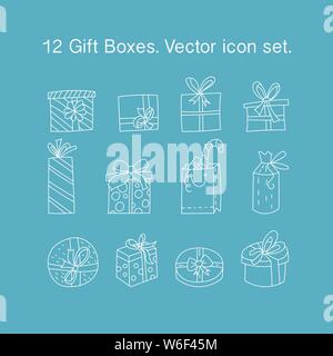 Einfache Gliederung Vektor dünne Linie Symbole. Geschenkboxen mit Bändern in verschiedenen Formen. Weihnachten Symbole. Stock Vektor