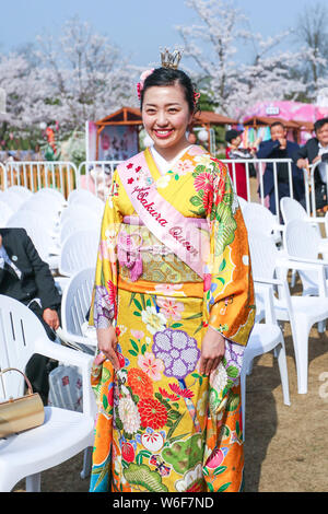 Japans 27 Cherry Blossom Queen abgebildet ist während der Cherry Blossom Festival in der Turtle Head Park in Wuxi City, der ostchinesischen Provinz Jiangsu, Stockfoto