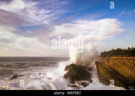 Massive Welle explodiert gegen die Sandsteinfelsen bei Shore Acres Park an der südlichen Küste von Oregon. Stockfoto