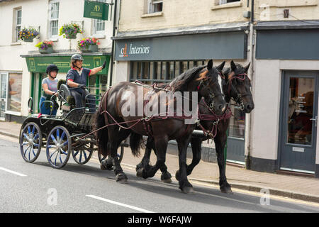 Schwere Pferde mit Treibern auf einem Warenkorb Wettbewerb in einem Zeitfahren während einer Britischen Heavy Horse Fahrversuchen Club (BHHDTC) Veranstaltung in Lucka Stockfoto