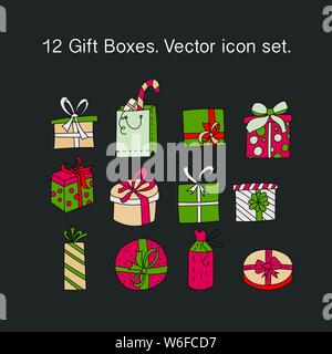 Einfache Geschenke dünne Linie Symbole. Geschenkboxen mit Bändern in verschiedenen Formen. Weihnachten Symbole. Stock Vektor