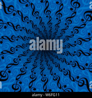 Treble clefs Spirale. Radiale Musik Muster auf blauem Hintergrund. Kreisförmige fraktale Hintergrundbild, dynamische Tunnel mit schwarzem Zentrum verdreht. Stockfoto